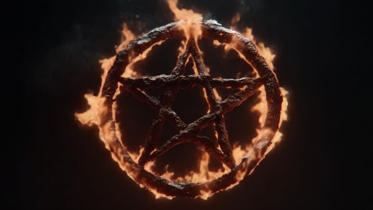 En Hypnotiserende Visning av Flammende Symbolikk: Enigmatisk Pentagram Omgitt av Lysende Flammer i et Mørklagt Miljø, som Symboliserer Dybde og Mysterium