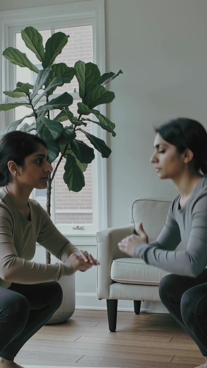 Vertikal video: To kvinner i tights som gjør knebøy med tapping hjemme for å trene, med plante og matte