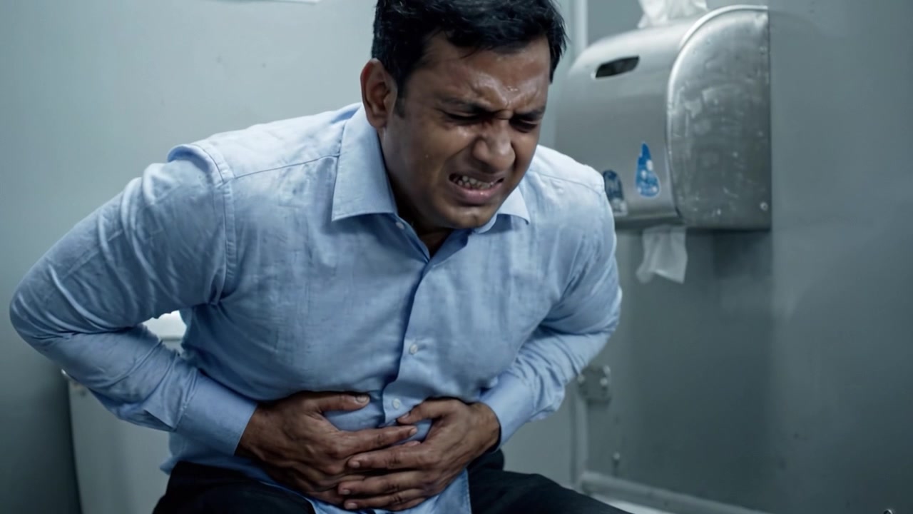 Struggling with Sudden Abdominal Pain: A Man's Distress in a Restroom Setting Captured in Two Dramatic Frames, Highlighting the Urgency of Unforeseen Health Issues