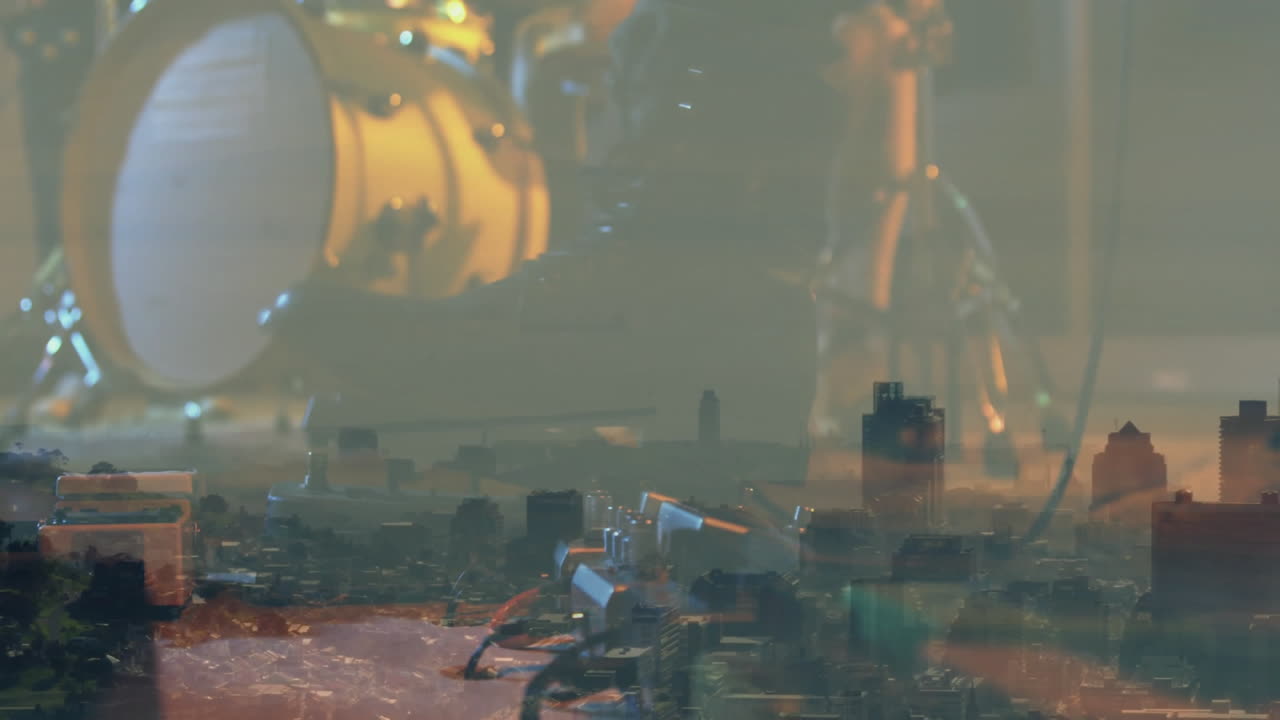 Golden bass drum merging with urban skyline in scene, stage lights blending in flat design