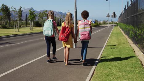 rear view of group of kids holding hands while walking on the road