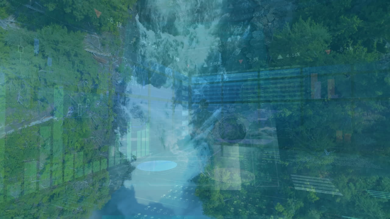 Flowing animation of waterfall over digital charts and graphs in lush forest