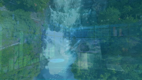 flowing animation of waterfall over digital charts and graphs in lush forest