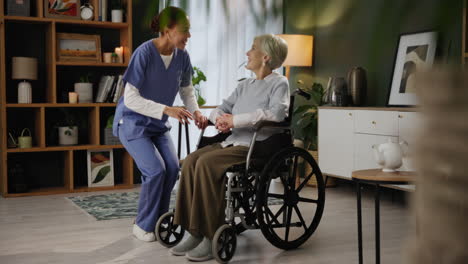 caregiver assisting elderly woman in wheelchair at home