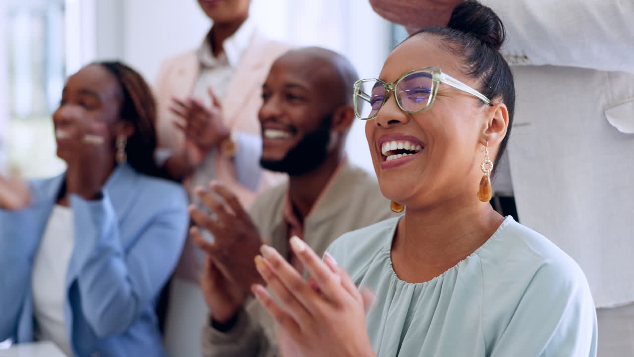 Business people, success or clapping in office