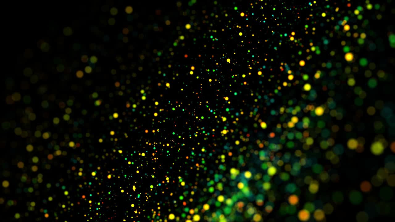 액체에 있는 다채로운 입자들이 떠다니며 반이는 4k 3d 아드션 배경, 반이는 입자, 검은색에 고립된 현장 깊이 및 보케 (bokeh)