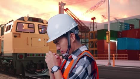 worker praying at a port, near a train