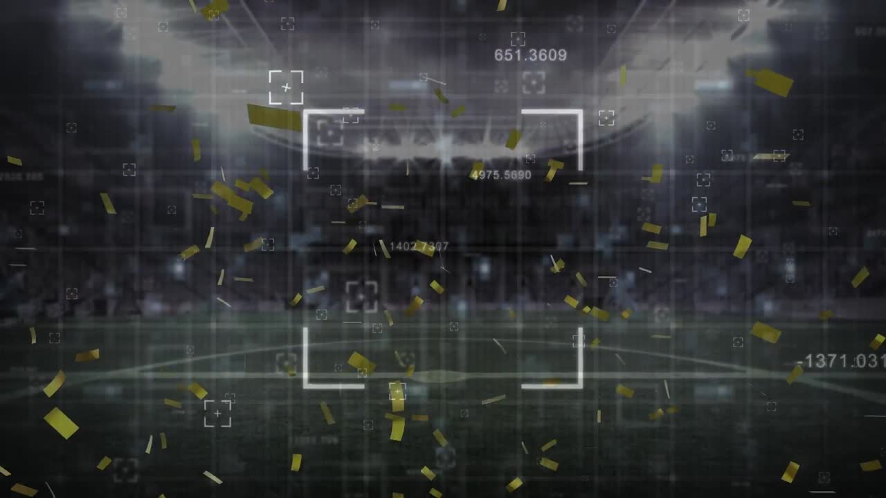 스포츠 경기장 에 떨어지는 스 ⁇  스캐닝 과 금색 콘페티 의 애니메이션