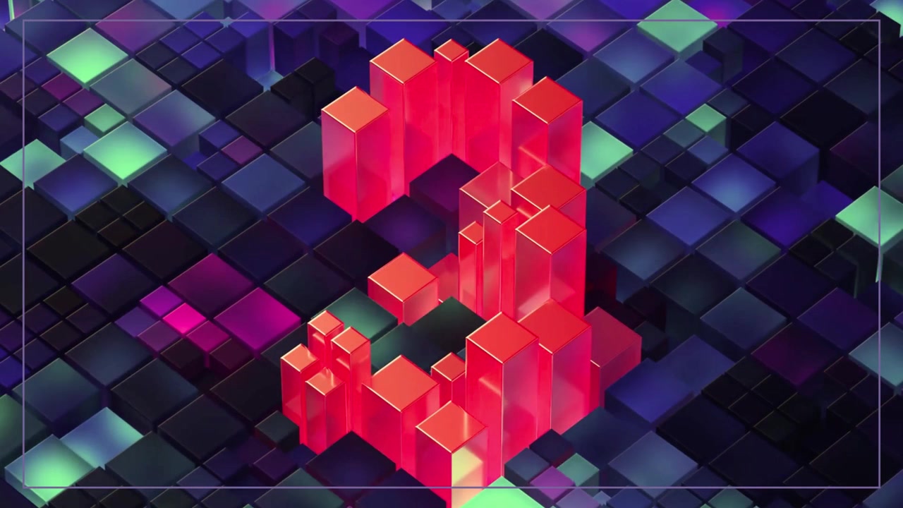 Digital Countdown Animation with Glowing Red Cubes on Dark Grid
