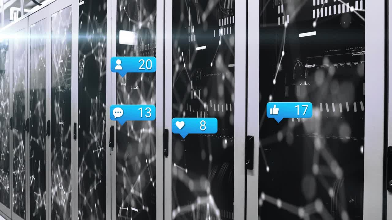 Network overlay fading in over racks starting social icons appearing, drifting, showing engagement