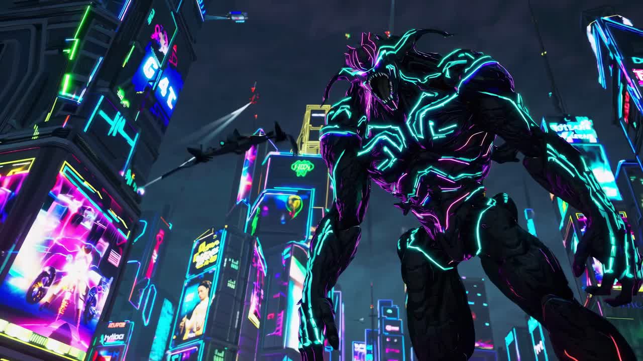 Cyberpunk Giant Monster in Neon City
