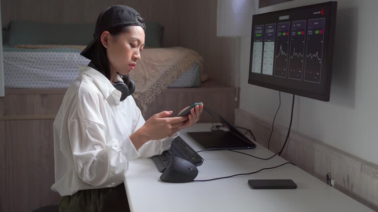 Asiatisk børsmægler analyserer grafik på skærm og smartphone
