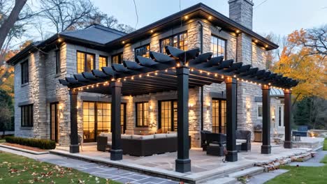 una gran casa de piedra con un patio cubierto de pérgola con luces en ella