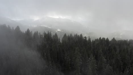 Aerial-shot-of-mountains-and-forest-during-winter,-Cascade-Mountains,-Oregon