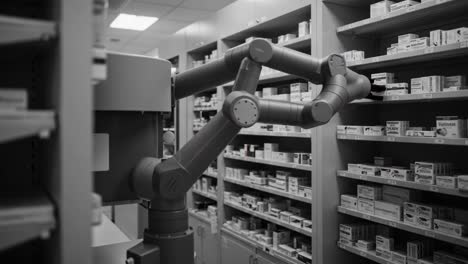 automated pharmacy robot assisting in medication retrieval and organization in a modern pharmaceutical setting