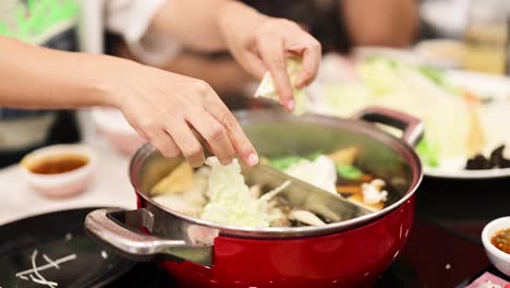 hands adding ingredients to a hotpot