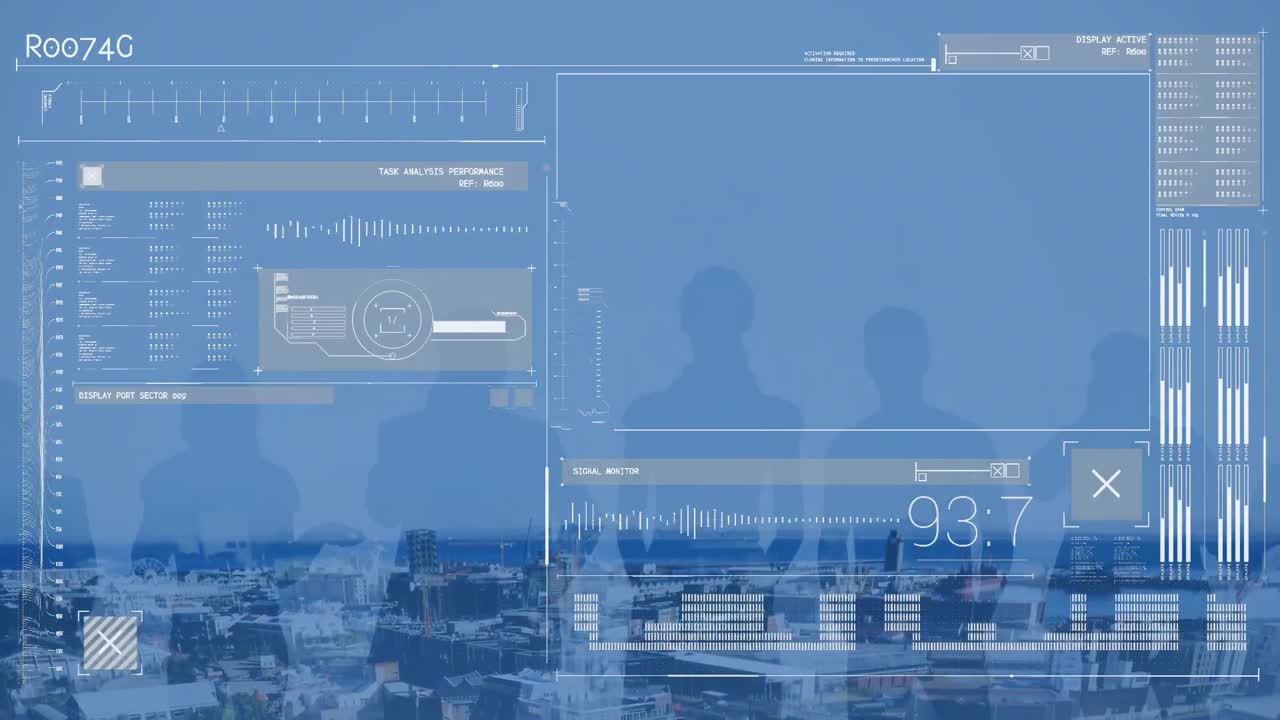 Animation of interface with data processing over silhouette of businesspeople against cityscape