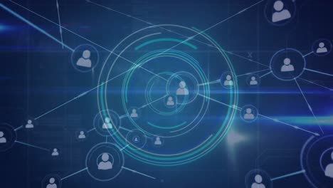 animation of network of connections with icons over scope scanning on black background