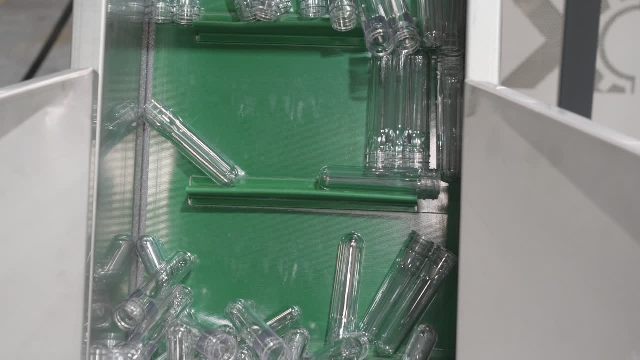 엘리베이터에 의해 송풍기로 운반되는 투명한 애완동물 프리폼의 클로즈업 보기