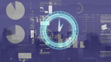 Animation of digital clock over infographic interface against silhouette of modern cityscape