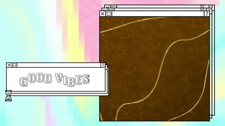 Animazione del testo 'good vibes' e di un motivo astratto marrone su finestre su desktop pastello.