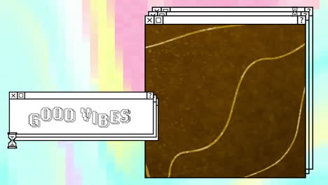 animación de buenos vibraciones texto y patrón marrón abstracto en ventanas sobre escritorio pastel