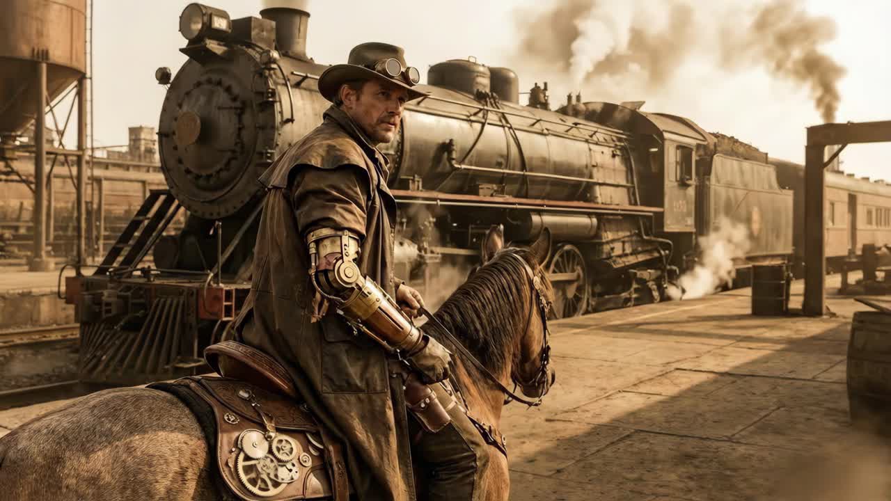 Steampunk-Cowboy auf dem Pferd mit Zug