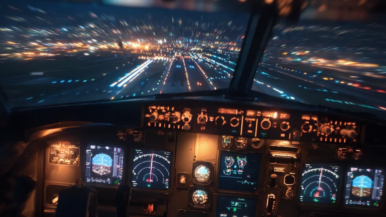 Navigazione Aerea: Uno sguardo approfondito all'avvicinamento finale di un aeromobile di notte, che mostra la strumentazione e le luci della città dalla prospettiva della cabina di pilotaggio.