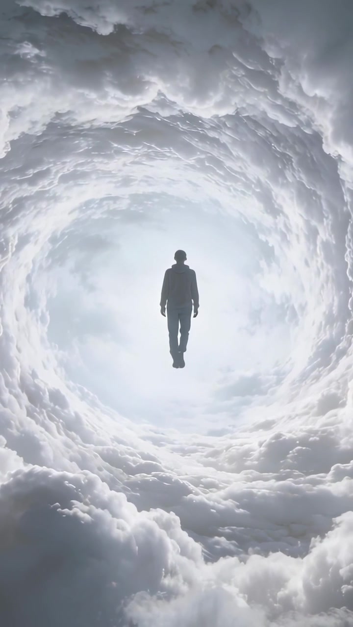 Man walking upward through film cloud vortex, bright center pulling ringed clouds around silhouette