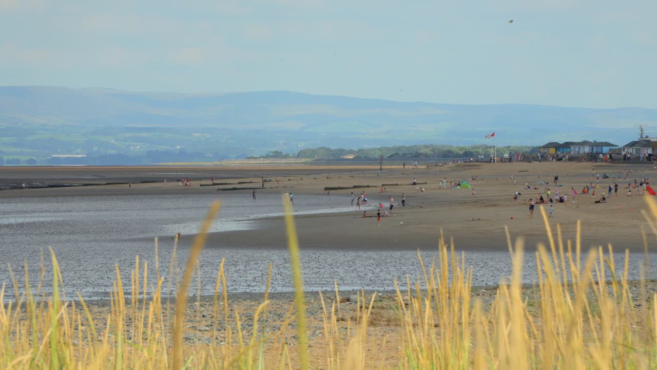 여름  ⁇ 빛과 전면 잔디를 즐기는 사람들과 함께 해변을 가로질러 빠르게 움직이는  ⁇ 빛