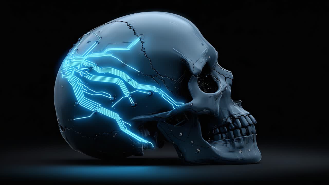 Una rappresentazione futuristica di un teschio illuminato da circuiti elettrici, che mostra la fusione di tecnologia e forme organiche in una narrazione visiva accattivante.