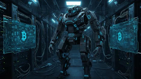 futuristic cybernetic being in a high-tech data center displaying cryptocurrency information with neon accents and digital interfaces for enhanced viewing experience