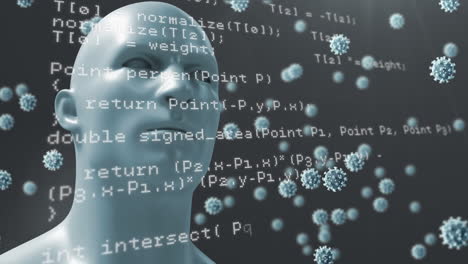 digital composite video of covid-19 cells moving against data processing over a 3d human head model