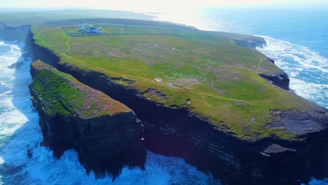 Aerial-view-of-a-lighthouse-on-a-cliff-while-circling-to-the-left