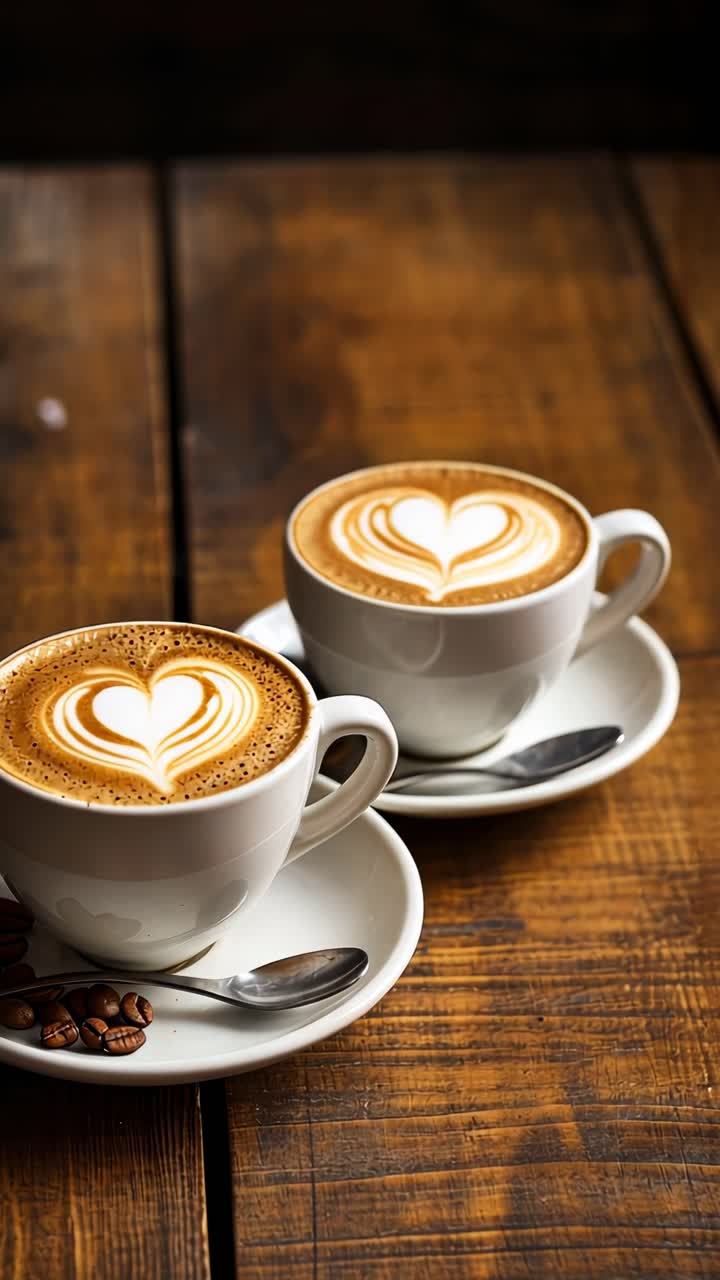 Top-down view of two cappuccinos with heart latte art on a rustic wooden table, perfect for a cozy