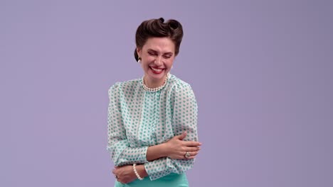 elegant woman in vintage attire laughing joyfully