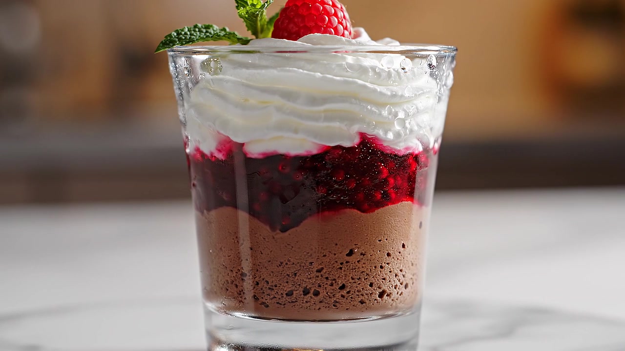 Postre de mousse de chocolate en capas con frambuesas y nata montada