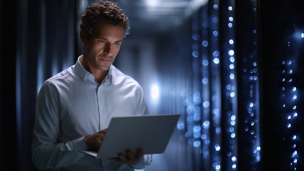 Focused Professional Analyzing Data on Laptop in High-Tech Data Center Surrounded by Glowing Server Racks, Symbolizing Modern Technology and Connectivity