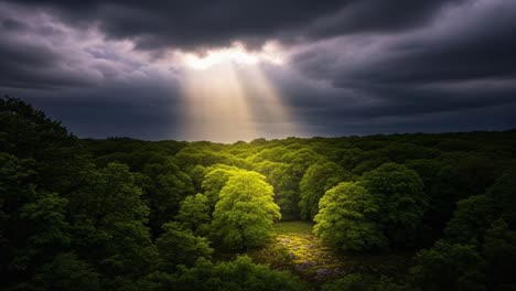 a majestic scene of sunlight breaking through dark clouds in a lush green forest, capturing the beauty of nature's contrast and tranquility