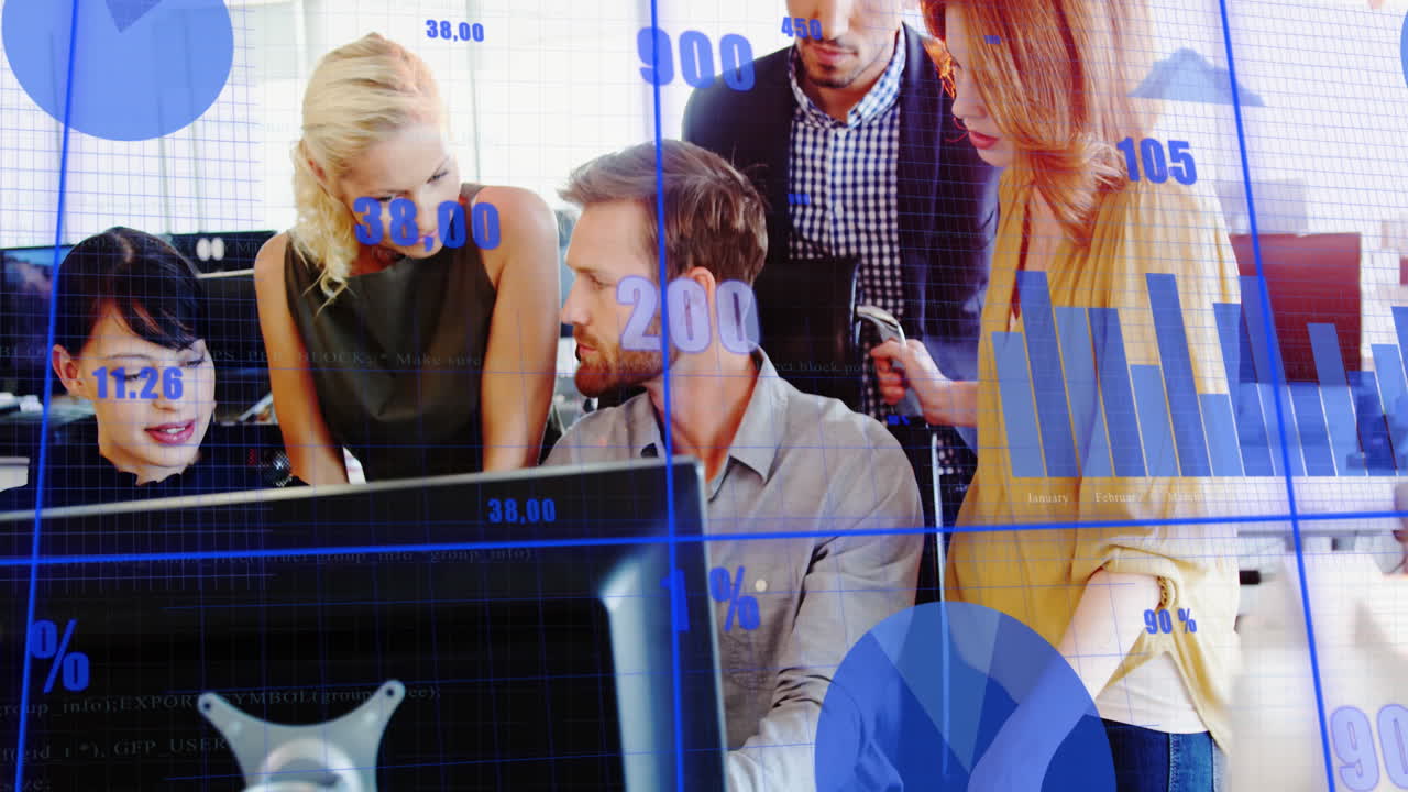 Animation of statistical data processing against diverse colleagues discussing together at office