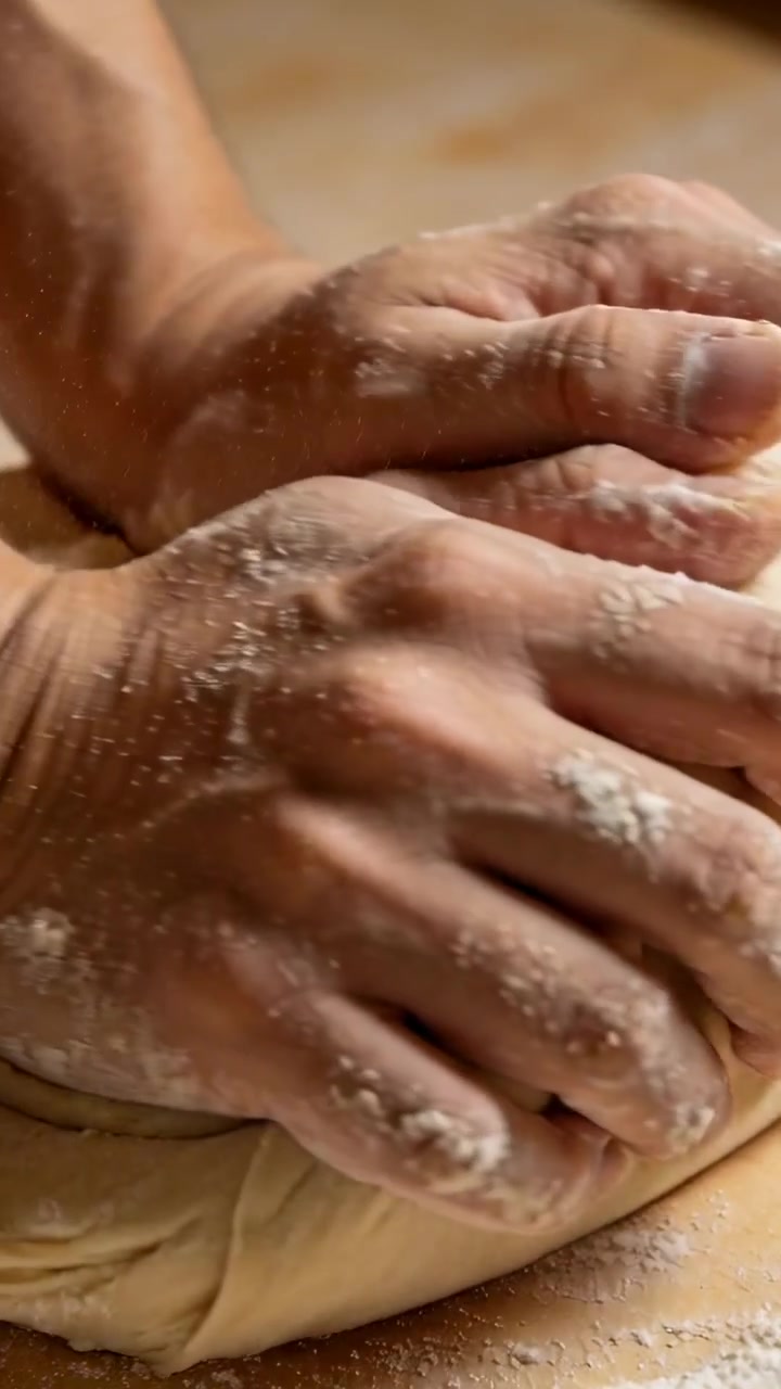 Video verticale: Mani nude che impastano la pasta su un tagliere di legno con farina, modellando per la cottura