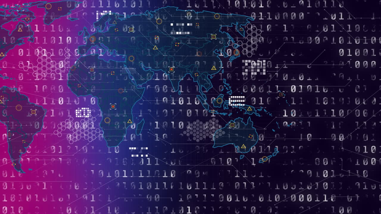 Animation of data processing over world map on black background