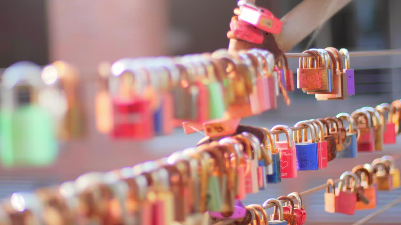 Close up of a group of padlocks, hanging on a steel cable