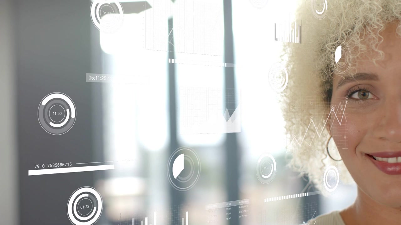 Woman holding eye contact while incoming data starting HUD graphics over window, showing analytics