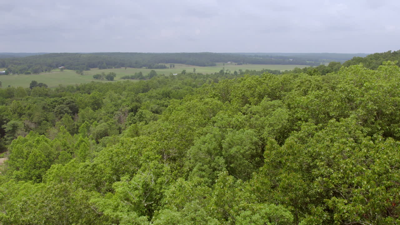 Flyover trees and woods and towards countryside in Missouri on a pretty summer day