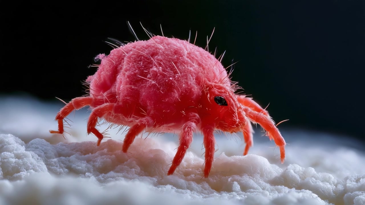 A Close-Up Journey into the Micro World of a Pink Mite: Discovering the Intricacies of Its Structure and Movement on a Soft White Surface