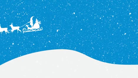 Animation-of-santa-claus-in-sleigh-with-reindeer-moving-over-snow-falling-on-blue-background