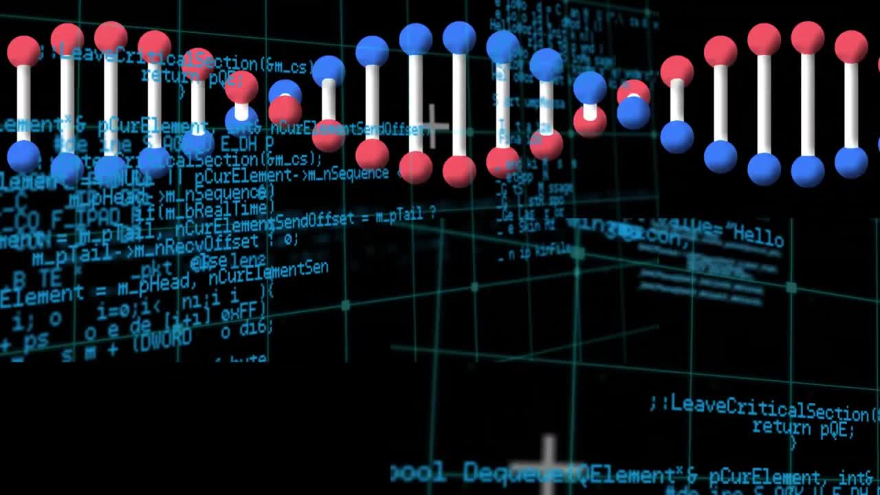 animación del procesamiento de datos sobre la cadena de adn sobre fondo negro