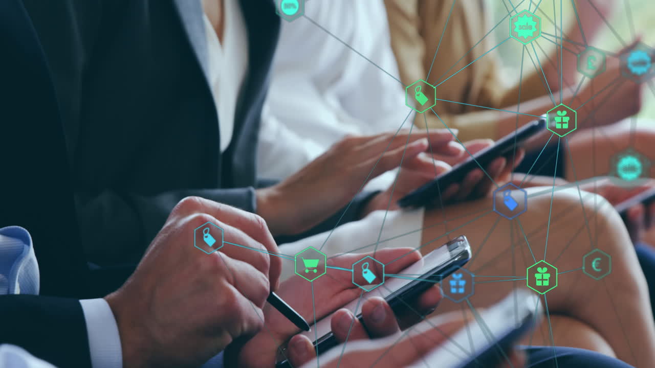 Web of connections icons against businesspeople using smartphone