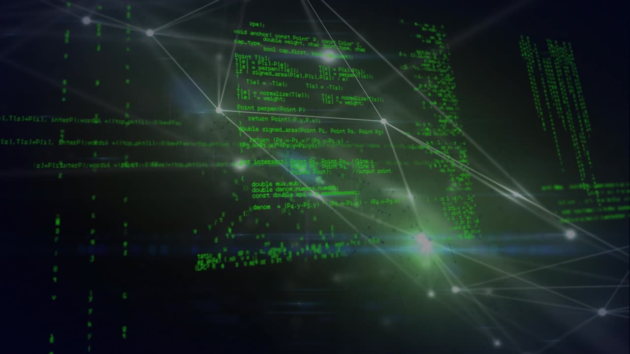 Animation of data processing over network of connections with glowing spots